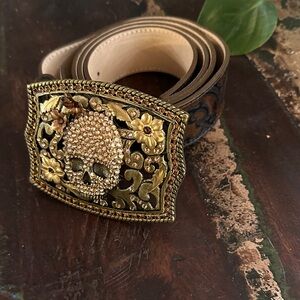 Gold Skull Buckle Leather Belt
